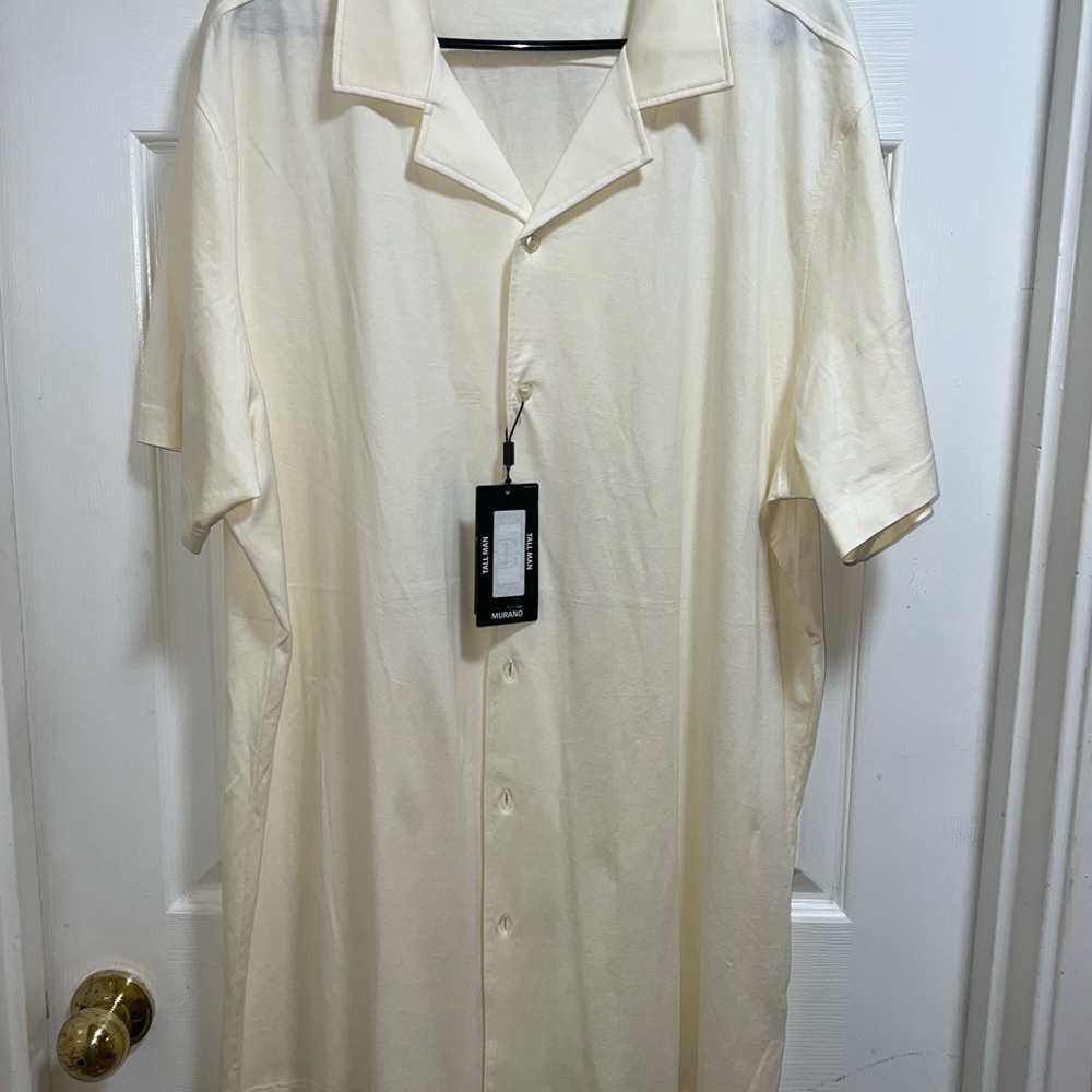 Murano Tall Man Cream Button Down Shirt Short Sleeve Collared‎ Casual